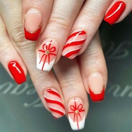 24Pcs Christmas Press on Nails Medium Square Reusable Red Stripe Bow Fake Nails Glue on Nails French Tip Acrylic Nails with Glitter Full Cover Solid Color False Nails for Women Girls Nail Decoration