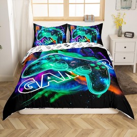 Cool Gaming Duvet Cover Set Queen Size,Gamepad Print Boys Gamer Room Decor Reversible Quilt Cover Set (NO Comforter),Stars Galaxy Watercolor Graffiti Soft Comforter Cover for Dorm Room, Zipper