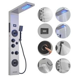 BWE 6 IN 1 Shower Panel Tower Syatem,LED Rainfall Waterfall Shower Head,4 Massage Body Jets,Handhels Shower Sprayer and Waterfall Tub Spout,Stainless Steel Shower Panel Wall Mounted