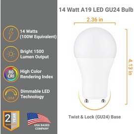 Diodesy- Pack of 6 A19/GU24/LED/14W/50K GU24 LED Light Bulb, 5000K Bright White, 14 Watts (100W Equivalent), A19 Shape, GU24 Twist and Lock Base, Dimmable, 1500 Lumens, Rohs Compliant, UL Listed