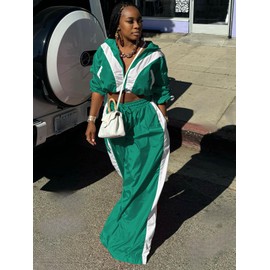 Women Track Suits 2 Piece Set Striped Long Sleeve Cropped Jackets High Waist Baggy Pants Outfit Green XL
