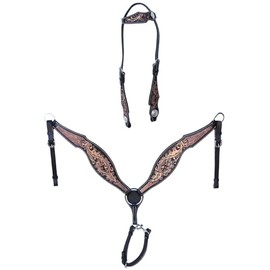 CHALLENGER Horse Horse Western Floral Tooled One Ear Bridle & Breast Collar Set Black 78FK08A