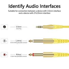 KINPS 6FT 3.5mm 1/8" TRS to Dual 6.35mm 1/4" TS Mono Stereo Y-Cable Splitter Cord Compatible for Phones, Laptop, Computer Sound Cards, CD Players, Multimedia Speakers and Home Stereo Systems, Yellow