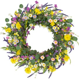 J'FLORU Spring Wreaths for Front Door 22 Inch Artificial Summer Wreath Daisy and Lavender Wreath with Wildflowers for Home Wall Farmhouse Springtime Easter Holiday Party