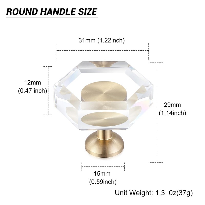 Guank 2-Pack Brass Base Crystal Drawer Knobs,Glass Crystal Gold Cabinet
