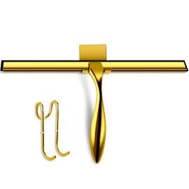 peafowl 10 inch Shower Squeegee Stainless Steel Bath Squeegee for Shower Glass Doors Bathroom Windows Kitchen Mirror and Car Glass with Hooks Holder (10 inch, Gold)