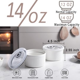 14 oz Ceramic Ramekins with Lids, Creme Brulee Ramekin Oven Safe with Covers, Small Baking Dishes Porcelain Ramekins Set for Souffle,Sauce Dessert, Set of 4 (White)