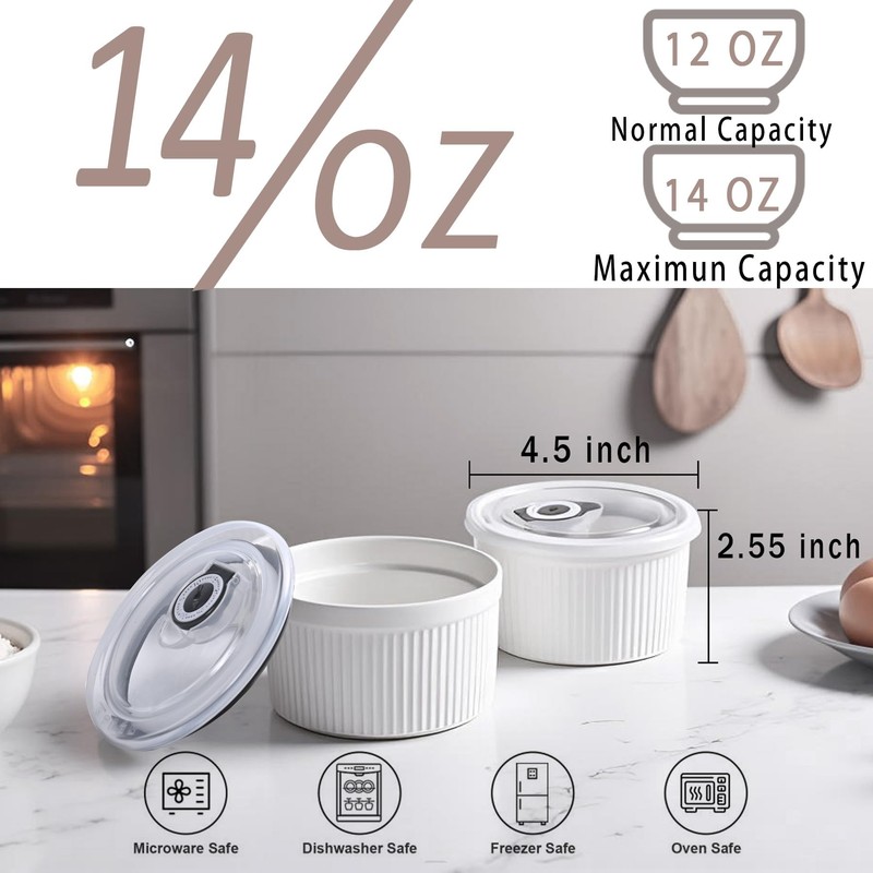 14 oz Ceramic Ramekins with Lids, Creme Brulee Ramekin Oven