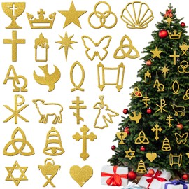 Amyhill 48 Pcs Chrismon Themed Ornaments Set Christmas Bulk Styles Decorations Gold Wood Pieces with Hanging Ropes for Christmas Tree Home Christian Decor