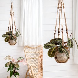 Mkono Macrame Plant Hanger Indoor Hanging Planter Basket with Wood Beads Decorative Flower Pot Holder No Tassels for Indoor Outdoor Boho Home Decor 35 Inch, Brown, Set of 3 (POTS NOT Included)
