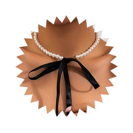 Atentuyi Boho Wedding White Pearl Choker Necklace Pearl Necklace Long Black Velvet Necklace Ribbon Bow Tie Necklace Collar Neck Bridal Necklace Jewellery for Women and Girls