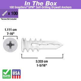 TOGGLER SnapSkru SPM Mini Self-Drilling Drywall Anchor, Glass-Filled Nylon, Made in US, for #6 to #8 Fastener Sizes (Pack of 100)