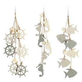 com-four® 3 x Hanging Decoration Maritime - Decoration for Hanging - Steering Wheel, Fish and Seahorse with Shell - Wooden Hanging Decoration (3 Pieces - Grey/White)