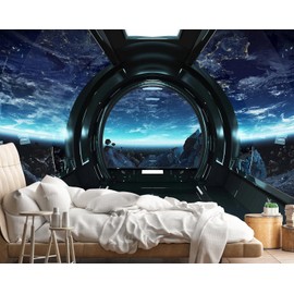 Reyhui 3D Spaceship Wall Mural Wallpaper Universe Large Wallpaper for Kids Bedroom Living Room Decor (not self-Adhesive)