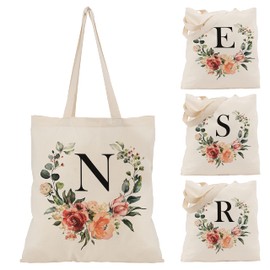 Floral Initial Tote Bag - 15'x16' Canvas Bags for Women - Bridesmaid Hen Party Shopping Large Bag Teacher Birthday Gift C2 (Initial #N)