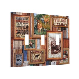 Rustic Lodge Bear Deer 3 Gang Light Switch Cover Triple Toggle Wall Plate Decorative Switchplate Electrical Farmhouse Faceplate for Kitchen Bathroom Living Room Home Decor
