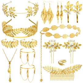 JenPen 15 Pcs Greek Goddess Costume Accessories Set Golden Leaf Crown Upper Arm Cuff Coil Bracelet Hair Headpiece Artificial Leaf Drop Earrings Necklace Toga Waist Belt for Women (Graceful)