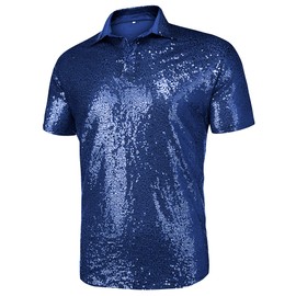 URRU Men's Relaxed Short Sleeve Turndown Sparkle Sequins Polo 70s Disco Nightclub Party Shirts Tops Blue XL