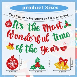 It's The Most Wonderful Time of The Year Banner,Glitter Pre-Strung Merry Christmas Banner with Christmas Bell Holly Berries Hot Cocoa Coffee Cup Sign for Winter Party,Happy Holidays Decorations