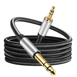 3.5 mm to 6.35 mm Audio Cable 25Ft, Gold-Plated Terminal Silver Color Zinc Alloy Housing 3.5mm 1/8" Male TRS to 6.35mm 1/4" Male TRS Nylon Braided Stereo Audio Cable for Cellphone, Amplifiers(25Ft/8M)