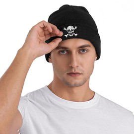 Vxchkerm Skull and Crossbones Beanie Hats for Women Men, Funny Winter Warm Cozy Stretchy Knitted Cuffed Skeleton Cap, Black, One Size