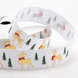 White Christmas Ribbon Golden Reindeer Stag 16mm x 5 Metres