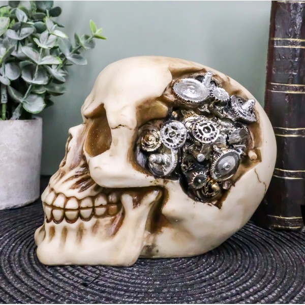 Steampunk Protruding Gearwork Cyborg Robotic Human Skull Figurine Skeleton