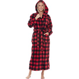 Alexander Del Rossa Women's Robes, Long Plush Bathrobe, Womens Robe with Hood, Hooded Robes for Women Plus Size Robe Red Black Buffalo Check Plaid Medium (A0116AEAMD)