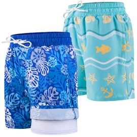 BIG ELEPHANT Pack of 2 Boys' Swimming Shorts with Compression Lining, UPF 50+ UV Protection, Quick Drying, Comfortable Swimming Shorts for Children, Shell Green/Leaves Blue
