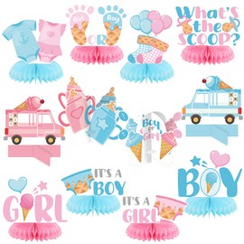 12 Pcs Ice Cream Gender Revel Decoration Ice Cream Honeycomb Centerpiece Summer Pink Blue Gender Revel Table Topper Table Decoration for Baby Shower Birthday Party Favors