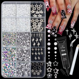 VOTACOS Nail Pearls Colorful Nail Art Rhinestones Gems with Rhinestones Glue Gel Silver Stars Nails Charms Supplies for Women Acrylic Nails Decoration Design