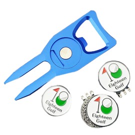 Golf Ball Marker Set, Eighteen Golf Magnetic Clip, Hat Clip, Green Fork, 7 Colors Available, Case Included, Great Gift Competition Prize (Blue)