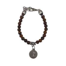 lazzaro italy Bracelet Saint Benedict of Nursia men and women. Silver Plated Medal of protection against the Evil with in natural gemstone Tiger's eye. Diameter 0,59 in