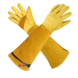 JOYCEMALL Long Leather Gardening Gloves for Women/Men, Rose/Blackberry Pruning Thorn Proof Thick Palm Cowhide Leather Gloves with Forearm Protection for Yard & Outdoor Work - Yellow - S