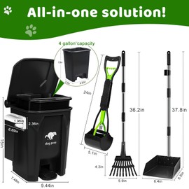 Uppcasir Dog Poop Trash Can Outside with Pooper Scooper and Metal Rake & Tray, 20L/5Gal Dog Waste Trash Can with Lid, Pedal and Removable Inner Waste Bin, Pet Poop Bin with 100 Bags