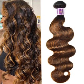UNice Ombre Brown Highlight Body Wave Human Hair Weave 1 bundle 16 inch, Brazilian Remy Hair Dark Root Blonde Human Hair Weaves Extension Piano Color TFB30