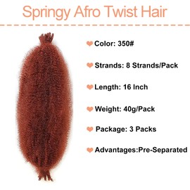Mscat 16 Inch Pre-Separated Springy Afro Twist Hair 3 Packs Copper Red Marley Twist Crochet Braiding Synthetic Hair Extensions (8 Strands/Pack,350#)