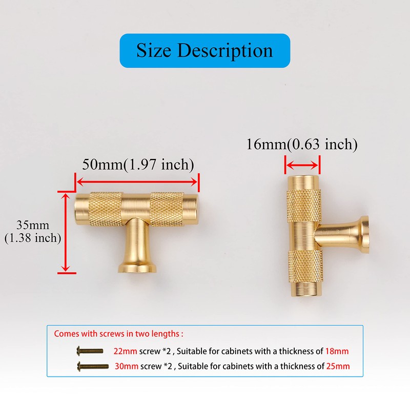 Pexintek 6 Pack Drawer Knobs Gold Modern Solid T Bar
