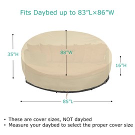 SunPatio Round Patio Daybed Cover 88 Inch, Heavy Duty Waterproof Outdoor Canopy Daybed Sofa Cover with Taped Seam, 88" L x 85" W x 35"/16" H, All Weather Protection, Beige