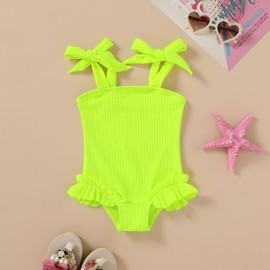 Happy Town Toddler Swimsuit Girl Solid Color Stripe One-Piece Baby Bathing Suits (Fluorescent Green, 3-4 Years)