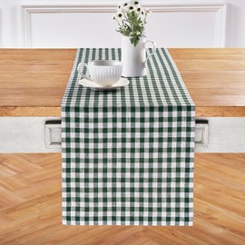 Solino Home Checkered Linen Table Runner 48 Inch - Gingham Check, 100% Pure Linen Green Plaid Table Runner 14 x 48 Inch Ideal for Dresser and Coffee Tables - St Patricks Day Decorations