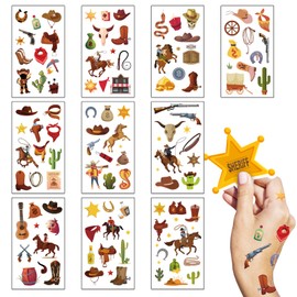 LANGFON 10 Sheets Cowboy Temporary Tattoos Cowboy Bounty Hunter Animal Temporary Tattoo Sticker Waterproof Western Theme Horse Fake Tattoo for Birthday Festival Theme Party Supplies Goody Bag Filler