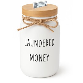 Funny Laundered Money Coin Bank – Glass Jar with Money Slot and Bamboo Lid, Rustic Tip Jar for Laundry Rooms, Loose Change, Home Organization, Decorative Piggy Bank for Farmhouse Home Decor (White)