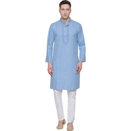 Men's Long Kurta Indian Clothes Cotton Dress Embroidered Casual Wear (Sky Blue, L)