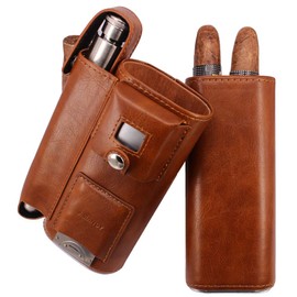 AMANCY Luxury 2 Holder Brown Leather Portable Cigar Case Gift Set,Contained 2 Oz Stainless Steel Flask with Lighter and Cutter