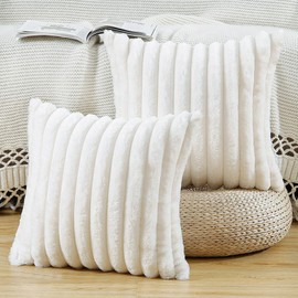 Madizz Set of 2 Faux Fur Plush Decorative Cushion Covers, Fluffy, Striped, Soft, Decorative Cushion Cover for Sofa, Bedroom, Cushion, Creamy White, 45 x 45 cm