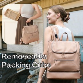 MOMINSIDE Diaper Bag Backpack - Large Baby Diaper Bag with 14 Pocket, Leather & Nylon Travel Diaper Backpack for Mom, Breast Pump Bag, Removable Cooler Compartment, Double Layer, Khaki