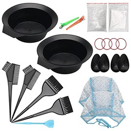 AHIER - Juego de 23 colores para el cabello, incluye cepillo para polvo de tinte para el cabello y juego de cuencos, kit de tapa para resaltar, cubierta para orejas, guantes, chal, gorro de ducha para
