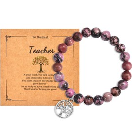 CERSLIMO Thank You Teacher Gifts - Natural Red Zebra Bracelet with Beautiful Tree of Life Charm, Thank You Appreciation Jewellery, Christmas Best Teacher's Day Gifts