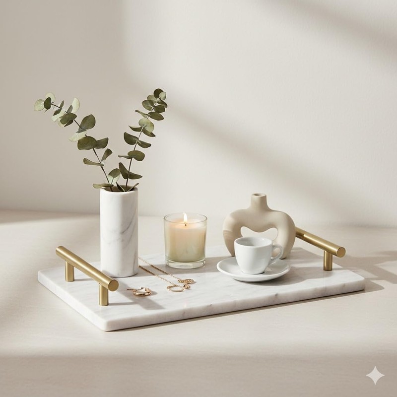 Queenza White Marble Decorative Tray with Gold Handles (12 x